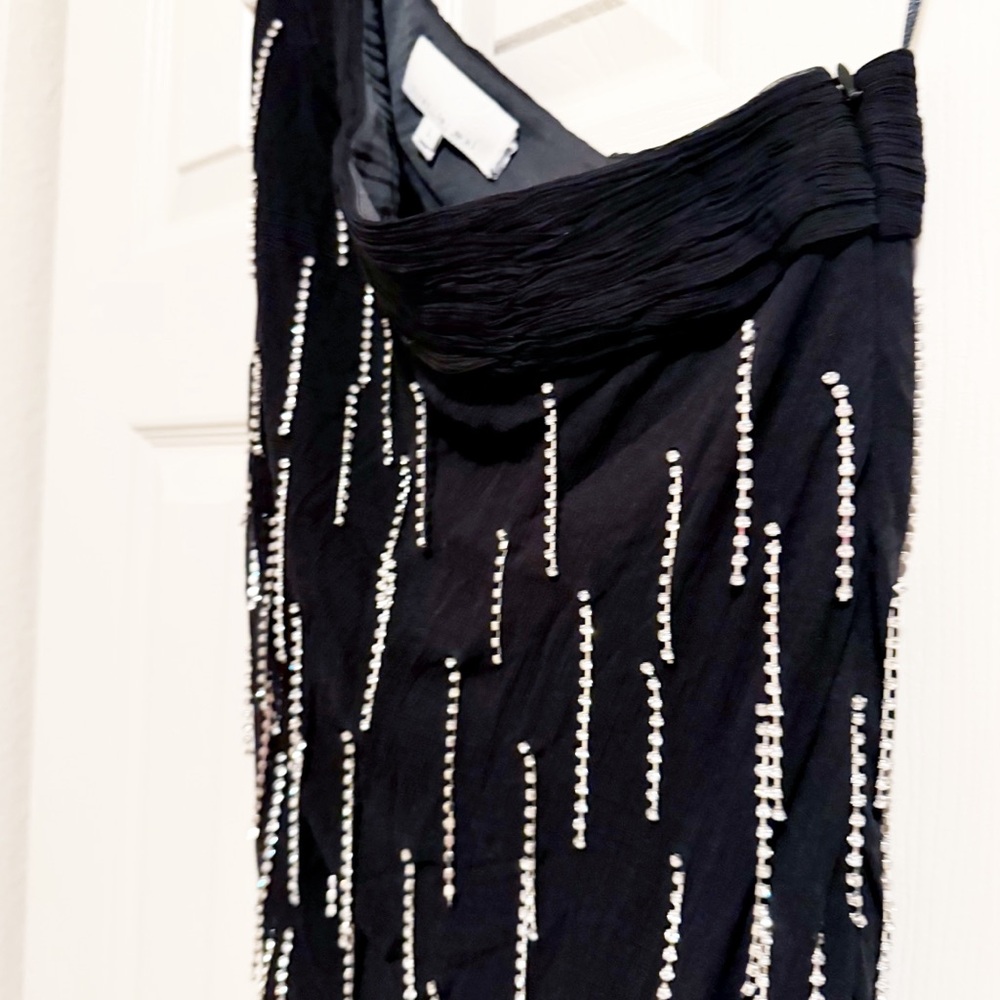 Fleur Du Mal One Shoulder Dangling Stones Rhinestone Fringe Dress in Black Large - Picture 10 of 12
